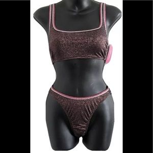 Women Metallic Shine High Leg Scoop Waist Bikini